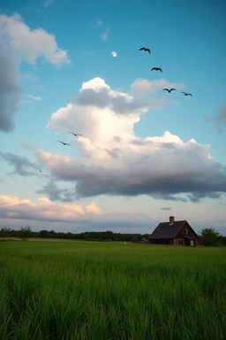 The Green Grass of home under a beautiful moon and cloudy sky and birds