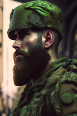 photorealistic male bearded handsome soldier, hyperdetailed painting, luminism, Bar lighting, complex, od green miltary, 4k resolution concept art, Artgerm, WLOP, Alphonse Mucha, 3d render, octane render, intricately detailed, cinematic, awesome full color, hand drawn, dark, gritty, cinematic, buckeye burl