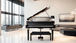 An innovative, award-winning, fully transparent piano . showcasing all its intricate mechanical components visibly. The design highlights its modern elegance, with sleek lines and a minimalistic approach, emphasizing the beauty of its transparent structure and the complexity of its inner workings. The piano stands gracefully in a well-lit, contemporary setting, casting soft reflections on the floor, symbolizing the fusion of art and techno