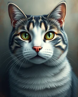 Detailed Surreal Portrait of Oriental blue and white tabby cat, with white face and green eyes by Rin muted colors.