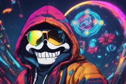 Sans in 8k cartoon artstyle, hacker them, neon effect, close picture, rain, fantasy world, intricate details, highly detailed, high details, detailed portrait, masterpiece,ultra detailed, ultra quality