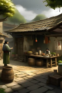 The quiet village is revealed where the merchant owns his small store. He interacts with customers, exchanging goods in an atmosphere of simplicity.