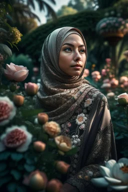 half body wide angle RAW photo, beautiful woman in hijab wearing luxurious and ornate clothing, fully covered, opals and floral decorations, flower garden view in the background, beautiful Indonesian woman's face, high detail skin, flowers, hijab, 8k uhd, DSLR, soft lighting, high quality, film grain