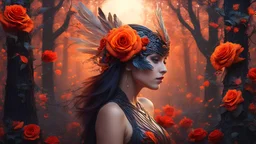 magical bird woman hybrid creature with feather headpiece in red orange rose forest, trees, flowers, fairy lights, night, 8k, high quality, trending art, trending on artstation, sharp focus, studio photo, intricate details, highly detailed, by greg rutkowski