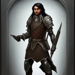 D&D character, male, long black hair, dark tan skin, artificer, gun, silver armor