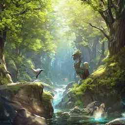 anime girl meditating pose, rock trees, birds, creek