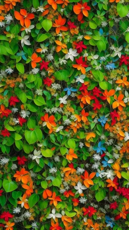 critical point abstract colorful wall filled with leaves and branches with white jasmine flowers