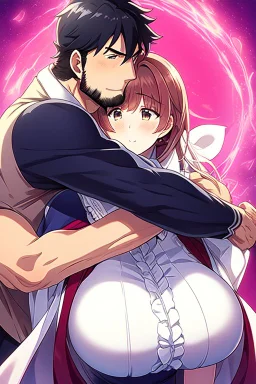 A beautiful woman and man embracing in a romantic kiss, anime style