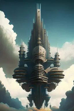 Enormous mechanical castle in the sky, ominously looming in the style of art deco