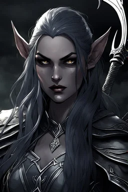 SA female elf with skin the color of storm clouds, deep grey, stands ready for battle. Her long black hair flows behind her like a shadow, while her eyes gleam with a fierce silver light. Despite the grim set of her mouth, there's a undeniable beauty in her fierce countenance. She's been in a fight, evidenced by the ragged state of her leather armor and the red cape that's seen better days, edges frayed and torn. In her hands, she grips two daggers, add dark shadow mystic purple flames