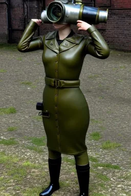 Russian military girl. Steam-punk style face and head with integrated old-fashioned cameras and phones. Army green surfaces body, latex. Perfect body, thick thighs and calves. simple face. Wide hip, skirt bleats nicely. Partly symmetrical. Straitjacket. Rusty and decayed background. Steam-plunge air-bottles. Euclidean 3D-tiling walls. 5th dimensional surface structures. Oppressive atmosphere