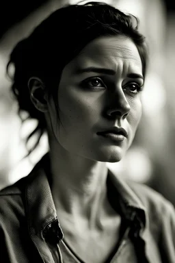medium shot of a 30 year old woman looking away from the camera. her face has a very sad and stoic expression. she has tears in her eyes. some traces of grit. she wears a thin shirt and has 3 small ear piecings. digital art, black and white photography, soft focus.