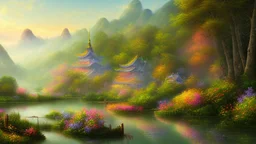 Tranquility landscape of hill on misty chinese paint art