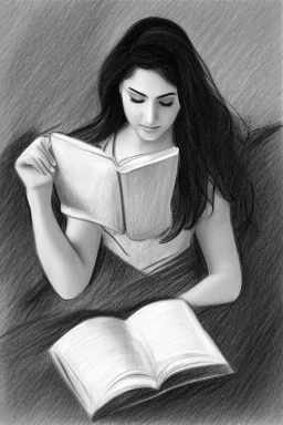 Pencil sketch of Young woman, Arab features,sad, long wavy hair, reading a book, full body، on lined paper