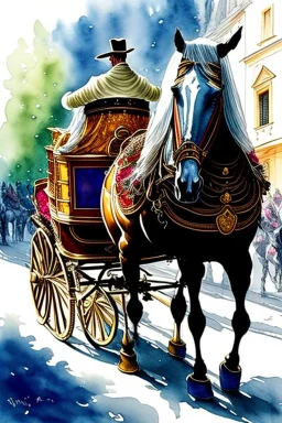 Fiacre, carriage with two horses in Vienna. Aquarell.