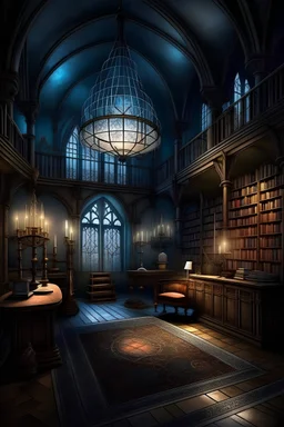 enchanted whimsical scary library with a vaulted ceiling and a chandelier illuminating its room behind it; the terrible, mysterious magic atmosphere