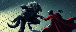 werewolf vs vampire cyberpunk action scene, acrobatic dodge, cape, all seen drown on isometric grid