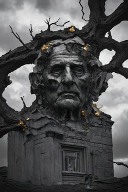 surrealis monochrome A fragmented, surreal sculpture liguid color of photorealistic image 3d,psychedelic art of an old man face glossy emerging from dreamlike a crumbling building. The face appears pale with deep cracks and intricate details, evoking a haunting expression. Blackened tree branches intertwine with the gold mengkilat cracks, set against a backdrop of stormy, cloud-filled skies. bauhaus art The overall tone is dark and moody, suggesting themes of decay and transformation. Include