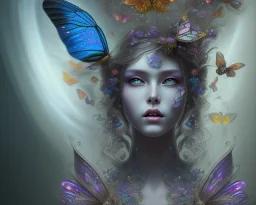 Beautiful mystical butterfly portrait, dark fantasy, romanticism, acrylic paint, chinese painting, magazine, highly detailed, ethereal, otherworldly, backlighting, rays of shimmering light, persian empire, artstation, silver, purple, black, teal, aqua, yellow, olive, vibrant, intricate,