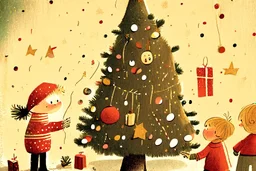 Christmas illustration, children book style, whimsical, warm colors, grainy texture, subject: decorating the christmas tree