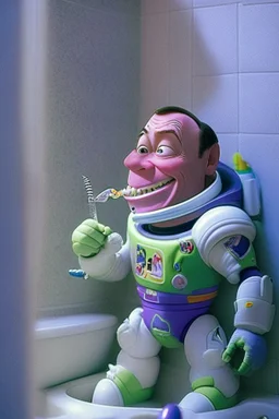 Buzz Lightyear from Toy Story brushing his teeth