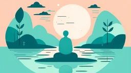 Create a minimalist, flat-style illustration capturing the essence of mindful meditation. Depict a character meditating in a natural setting using the chosen color palette - #87CEEB for a celestial sky, #00CED1 for tranquil waters, and #2C363F for grounding elements. Infuse a subtle grain texture for added depth. Emphasize simplicity and tranquility, portraying the transformative and holistic nature of the meditation experience.