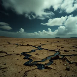 Photograph, an arid surface, night, nothingness, TV studio, clouds, close-up, in Yves Tanguy style, nightmare, highly hypermaximalist, details of the terrain very accentuated, 8k, deep 3d field, sharp, eerily mysterious, artistic photo, large format film, shot on Hasselblad, 33mm photography, mysterious, dark, rotten, macabre, streams of black liquid