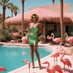 [high res photo by Gilligans Island] In the dazzling city of Las Vegas, Clad in a short green dress that sparkles under the desert sun, she finds herself in a most curious setting—a pink swimming pool teeming with flamingos and bananas, ready to fight, in dust, rust and blood, her body is covered with cartridge belts