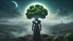 A moon that looks like a happy origin head broccoli above a landscape, a robot in a ragged dress looks up in the distance, fog, and intricate background HDR, 8k, epic colors, fantasy surrealism, in the style of gothoc