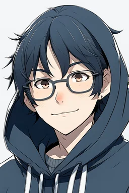 An anime man with glasses, fluffy black hair, wearing a hoodie