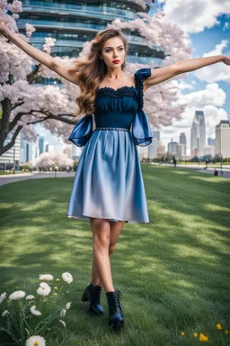 fullbody girl makeup wearing a victorian short dress walking in moder city of 2040 park ,flowers ,pretty clouds in blue sky,city escape.