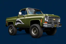 side of 1976 Chevrolet square body truck(military green), with shark nose graphic starting behind front wheel-well, navy blue background