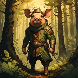 create a full body portrait of a pig man , with highly detailed, sharply lined facial features, in the deep forest of Brokilon , finely inked, in rustic colors, 4k in the style of Peter Mohrbacher