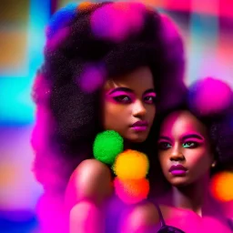 full body shot, masterpiece, best quality, family of three, dark skinned, sparkling eyes, fluorescent skin, colorful makeup, afro, highly detailed body, afrofuturism, scifi, sun light, 4K, RAW, depth of field, high contrast, realistic details, 24mm