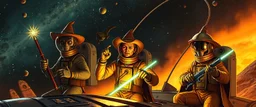 cowboy astronauts in a spaceship , space alien Abjurer Wizard