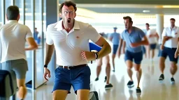 very focused image of upset man wearing shorts and polo shirt told to leave airport lounge by hostess