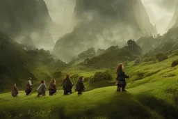 hobbits in the shire scenery landscape, lord of the rings, higly-detailed symmetric faces, highly detailed, perfect lighting, perfect composition, 4 k, artgerm, derek zabrocki, greg rutkowski