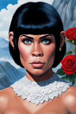 Planet of the Apes - black hair, Deep Blue Eyes - head and shoulders portrait - Lenna, part chimpanzee, part human, short, bowl-cut, straight black hair, the bangs cut straight across the forehead, she resembles a zira from the planet of the apes, and she resembles Leonard Nimoy - Mountains, blue skies, clouds, red roses, blue roses, yellow roses, honeysuckle roses, carnations, lilacs, professional quality, 32k, UHD, glossy, 1080p, Extremely high resolution Digital photograph, reality