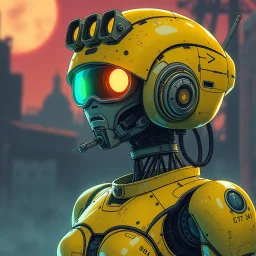 a feminine robot, yellow, post apocalyptic, fallout, dystopia, neon vintage anime