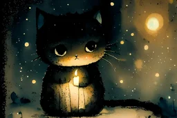 so much fluff, painted and burned burlap, moonlight, cute chibi kitten, styles of Paul Klee Dee Nickerson and Tim Burton, melting watercolor and black ink outlines on wet paper, soft, shading strokes, in candlelight, ethereal, otherwordly, cinematic postprocessing, bokeh, dof, S<AI