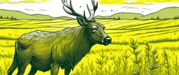 an Elk off-center in a prairie field, detailed canola in foreground, detailed illustration