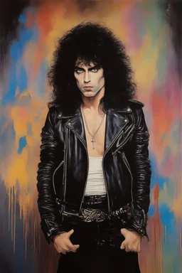 oil painting, text "KISS" - facial portrait with makeup - 20-year-old Paul Stanley with long, wavy curly black 1980's style big hair, wearing a black leather jacket, extremely colorful, multicolored watercolor stained wall in the background - in the art style of Boris Vallejo, Frank Frazetta, Julie bell, Caravaggio, Rembrandt, Michelangelo, Picasso, Gilbert Stuart, Gerald Brom, Thomas Kinkade, Neal Adams - explosions, flames, fog, clouds, dust,