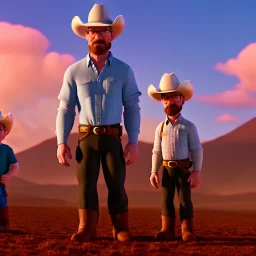 Walter White and his family with a cowboy fight, 8k, realistic body, with a fedora, sunset background,