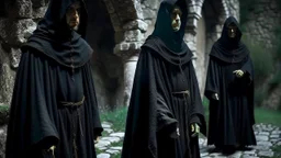 black robe hooded monks in the stone castle