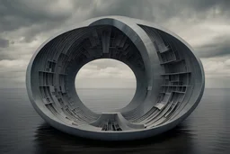 a little building in twelve-section torus,sea,grey panel,floating