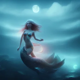 cinematic image of a mermaid in the shore, alot of fog with bloom, darknight with a moon and big clouds, 8k, full details, glowing blue, foggy night