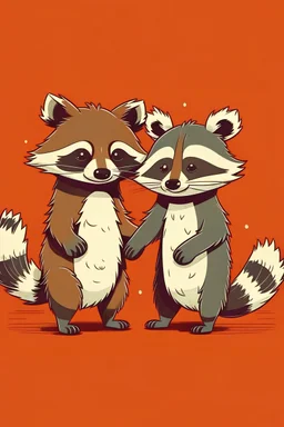 A red panda and a racoon holding hands. simple