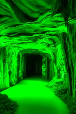 A neon green underground cavern covered in foliage designed in Bayeux tapestry painted by John Singer Sargent