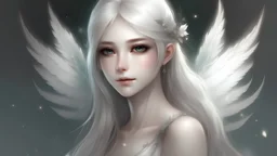a small fairy with loose white hair down to her back and white eyes with a pair of white crystal wings