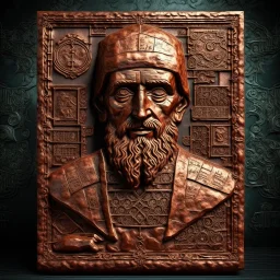Create an image of old portrait statue copper with strange runes